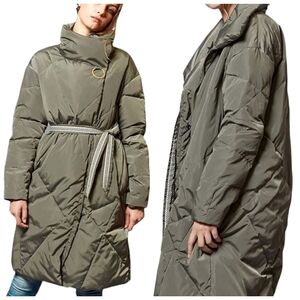 Escalier Womens Green Down Filled Zip Front Long Puffer Coat Size Small Winter